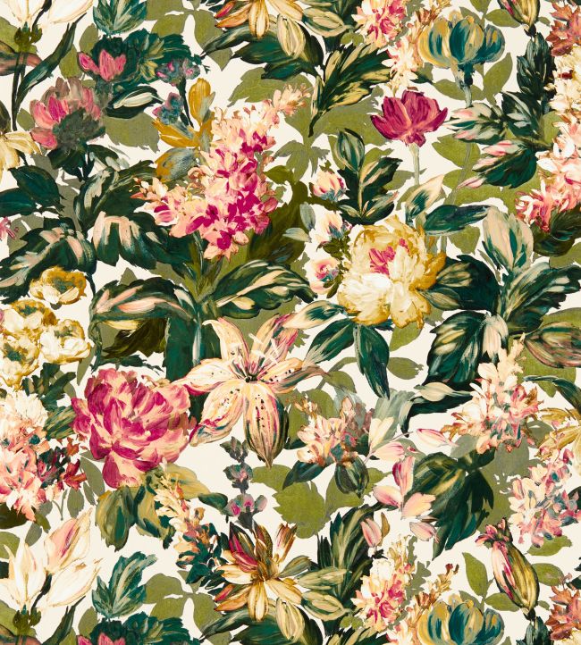 Lilum Wallpaper in Olive/Raspberry by Clarke & Clarke | Jane Clayton