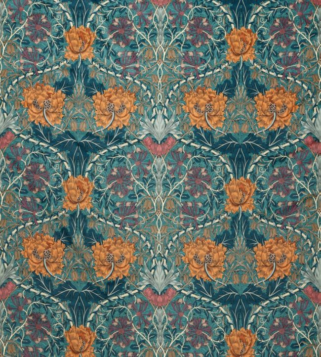 Honeysuckle and Tulip Velvet Fabric by Morris & Co in Woad/Mulberry ...