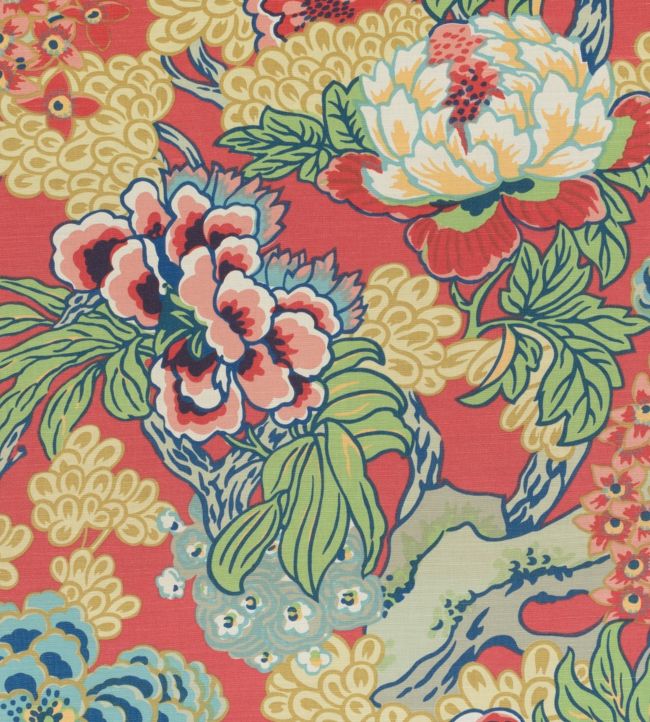 Honshu Fabric by Thibaut in Coral and Green | Jane Clayton