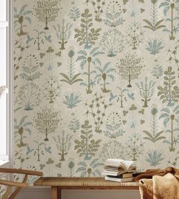 Cynthia Wallpaper by Josephine Munsey Stone, Light Blue and Olive