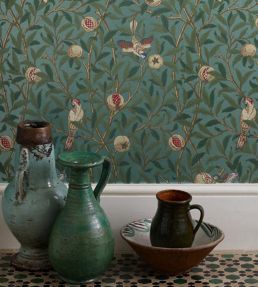 Bird & Pomegranate Wallpaper by Morris & Co in Charcoal/Sage | Jane Clayton