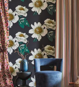 Paeonia Wallpaper by Harlequin Black Earth / Fig Leaf / Gold